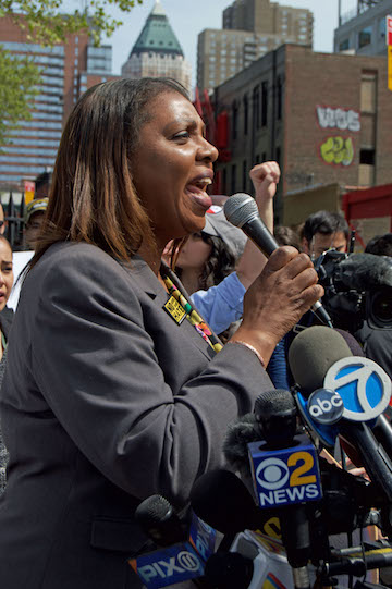 New York's Thumbs Down on President's Homecoming 2 Public Advocate Letitia James speaking at DeWitt Clinton Park. | JACKSON CHEN
