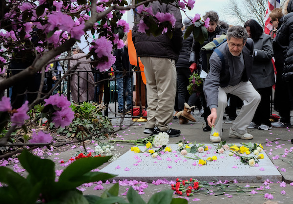 Attendees at the commemoration placed daffodils over the pink azalea petals covering “der shteyn.” | TEQUILA MINSKY