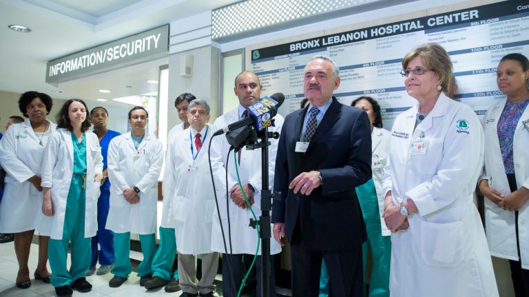 At Bronx-Lebanon Hospital Center on Monday, July 3, 2017, doctors and nurses share harrowing tales of trying to maintain calm amid the shooting rampage by Henry Bello on Friday. Above, Errol Schneer, center, vice president of Bronx-Lebanon Hospital Center speaks to reporters.