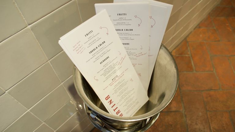 On one side you'll find food: appetizers, thin-crusts pizzas and soft serve ice cream. On the opposite side are drinks: beer, wine, Champagne and nonalcoholic beverages.