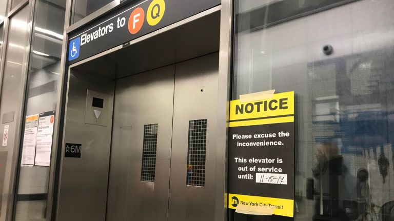 Subway station elevators break down too frequently, advocates say. Above, a Lexington Ave-63rd Street station elevator was out of service on Tuesday, Nov. 15, 2017.