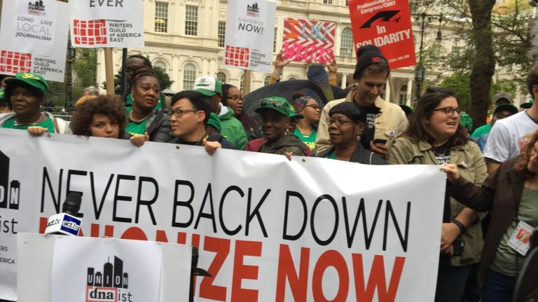 DNAinfo and Gothamist reporters rallied with city unions Monday, Nov. 6. 2017 at City Hall Park following the sudden closure of their news sites.
