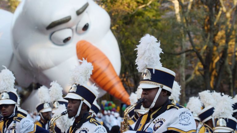 The Prairie View A&M University marching band came from Texas to perform in the parade. They are shown practicing before the start.