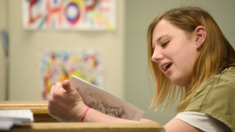Marina Abramchuk, an inmate at the Rose M. Singer Center located in the Rikers Island jail complex, recites poetry on Tuesday, Jan. 23, 2018. 