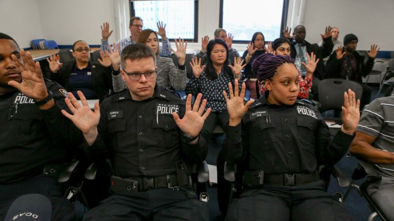 New employees of the Department of Citywide Administrative Services  take part in an active shooter training class on Thursday, Feb. 22, 2018. 