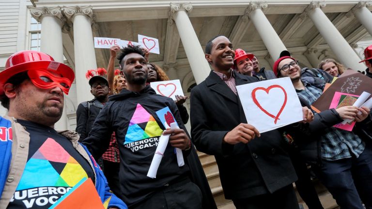 Key bills for homeless youth 2 Members of the Coalition for Homeless Youth gather with Council member Ritchie Torres on the steps of City Hall on Feb. 14 to urge support for various bills including one that would extend services.