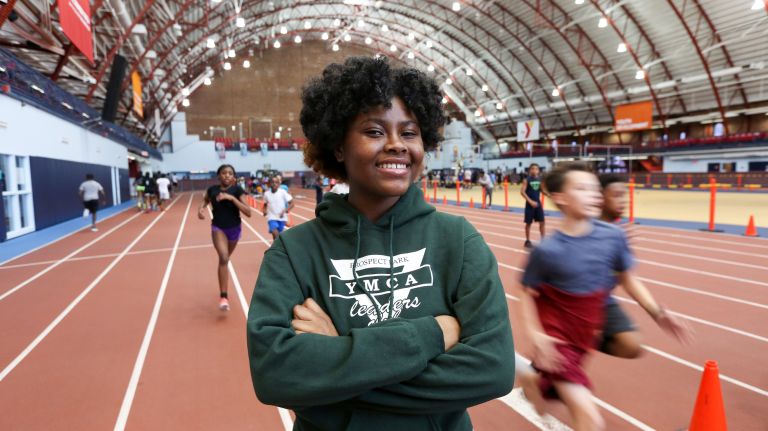 Olayinka Daramola, 18, on the track at the Park Slope Armory YMCA on Feb. 15, 2018.