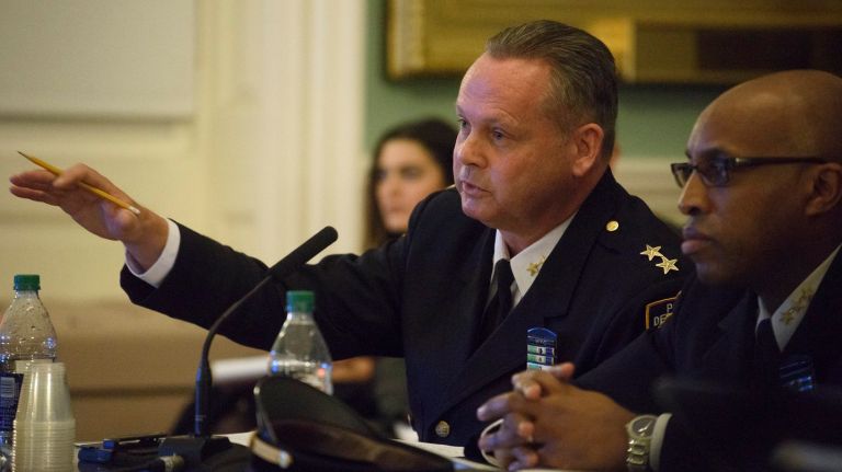 NYPD Assistant Chief Stephen Hughes, left, and  Chief of Patrol Rodney Harrison answer questions during a City Council hearing last week.