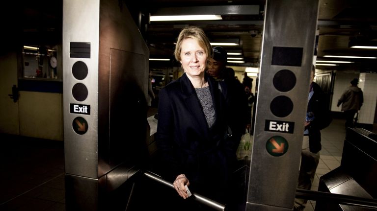 Cynthia Nixon, seen getting on the C train in Brooklyn on Wednesday, endorsed new tolls on roadways. 