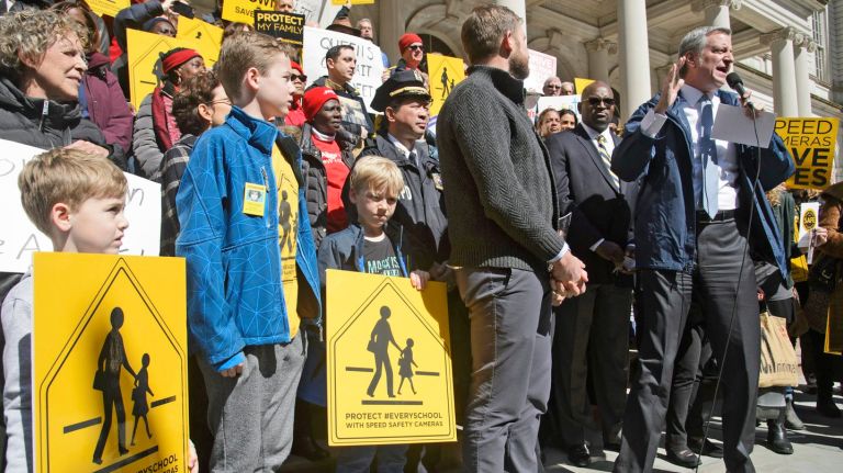 NYC school zone speed camera program sees no funding in Cuomo’s state budget proposal 2 With school zone speed cameras' funding in jeopardy, Mayor de Blasio rallied with advocates on the steps of City Hall on Thursday in support of the program.