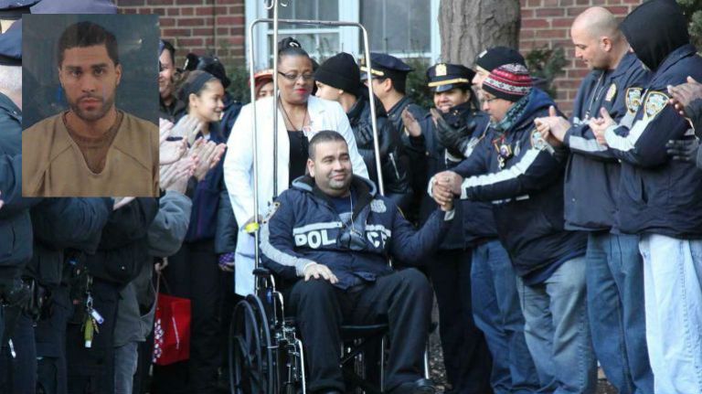 Jason Polanco, top left, was sentenced to 76 years in prison for shooting NYPD officer Aliro Pellerano, center, and another officer on Jan. 5, 2015, the Bronx district attorney's office said.