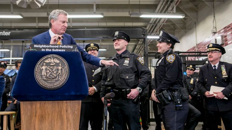 NYPD’s neighborhood policing model to be tested on subways in Brooklyn, Bronx 2 Mayor Bill de Blasio announces the NYPD's new push to bring neighborhood policing to city subways at the Atlantic Avenue -- Barclays Center station on Thursday, April 12, 2018.