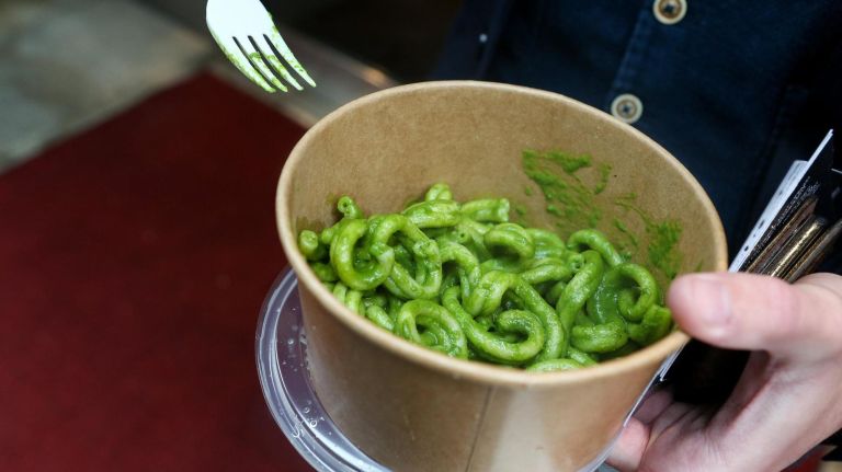 One of the dishes on the menu at the new pasta cart by Sola Pasta Bar is the casarecce al pesto. 