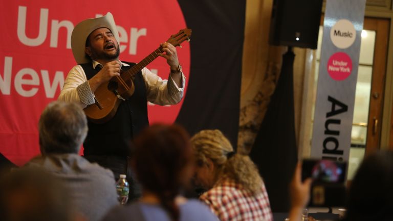 Latin fusion and opera artist Enrique Gil auditions for Music Under New York program at Vanderbilt Hall in Grand Central Terminal on Tuesday.