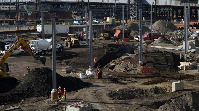 Construction takes the place at the Harold Interlocking in the Sunnyside Yard, Queens, Wednesday, April 11, 2018. 