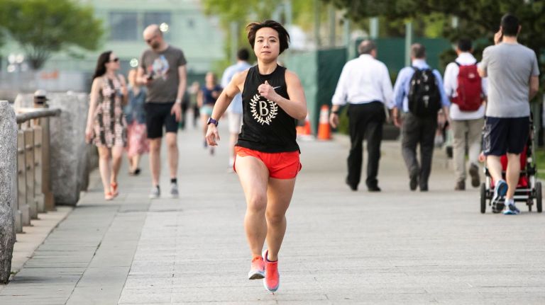 Annica Lin warms up before marathon training on May 4, 2018. Lin plans to run the Brooklyn Half Marathon on May 19, then give a TEDx talk later that day. 