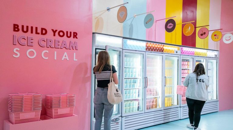 The Museum of Ice Cream's new Pint Shop sells its own line of flavors, including Vanillionaire, Nana Banana and Cherrylicious.