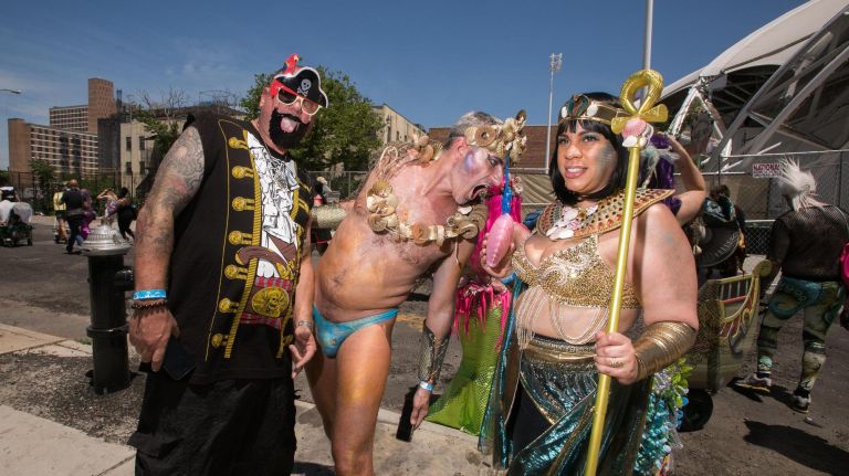 Paraders pose for before entering the 2018 version of the Coney Island Mermaid Parade.