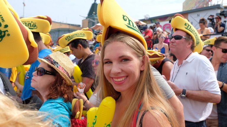 Fans await the start of the Nathan's Hot Dog Eating Contest on Wednesday in Coney Island.