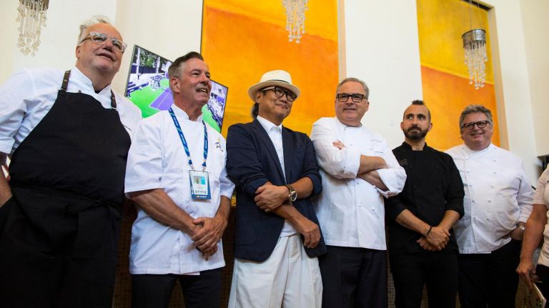 U.S. Open food: Celeb chefs JJ Johnson, Marc Forgione and more bring new eats to Flushing Meadows 2 Chefs Tony Mantuano, from left, Jim Abbey, Masahura Morimoto, Ed Brown, Marc Forgione and David Burke get together Thursday during a 2018 U.S. Open food tasting preview.