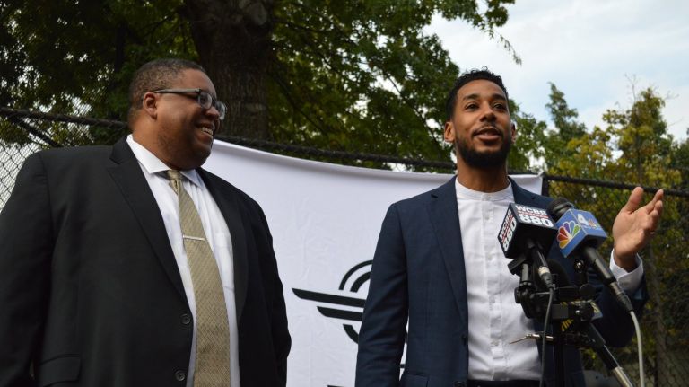 Councilman Antonio Reynoso (right) wants the city to legalize electric scooters to help ease the L train shutdown, he said Monday at a news conference. 