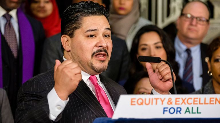 New York City  Schools Chancellor Richard Carranza speaks during a news conference at City Hall on April 25.