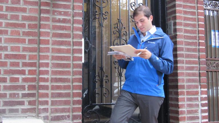 Andrew Gounardes goes door-to-door in Bay Ridge on&nbsp;Sept. 23.&nbsp;