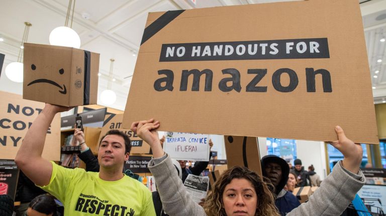 Amazon HQ2 protesters swarm Herald Square bookstore 1 Amazon HQ2 protesters swarm Herald Square bookstore