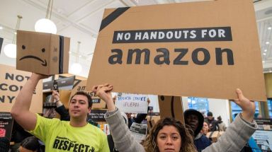 Amazon HQ2 protesters swarm Herald Square bookstore