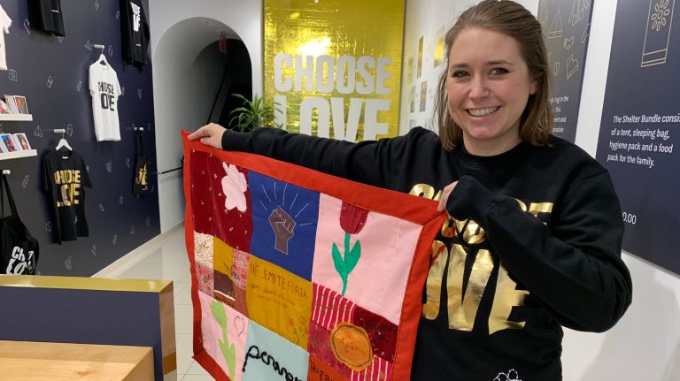 Choose Love in SoHo takes on world refugee crisis by turning 'consumerism on its head' 2 The Choose Love pop-up shop in SoHo gives shoppers the ability to buy necessities for refugees across the world, which is facilitated by Help Refugees. The organization's CEO, Josie Naughton, pictured, shows off a quilt from Greece that was made by one of the 80 refugee projects she works with.