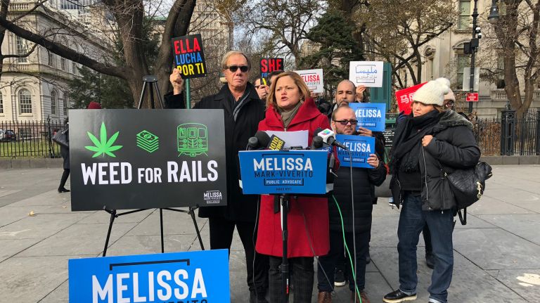 Melissa Mark-Viverito, who is running for public advocate, pitched her Weed for Rails plan in front of the City Hall subway station on Thursday.