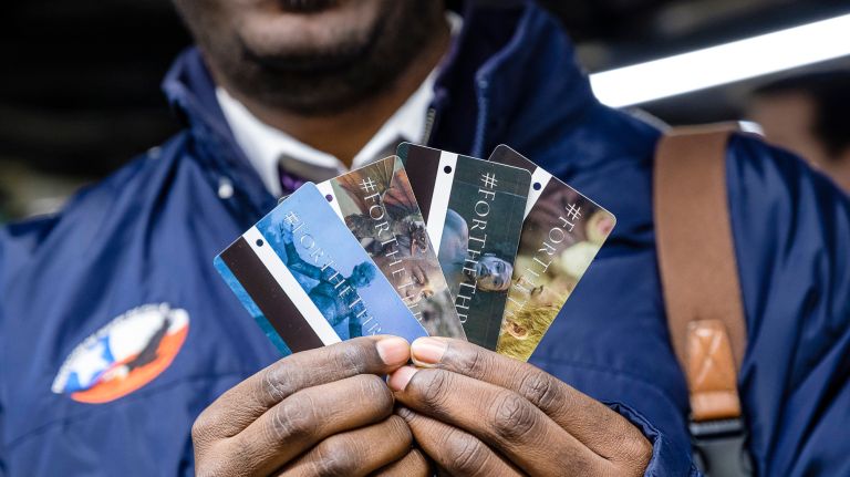 "Game of Thrones" MetroCards were released at Grand Central Terminal on Tuesday. Above, Aaron D. Lynah, of Sunset Park, displays the full set of limited-edition "Game of Thrones"&nbsp;MetroCards.