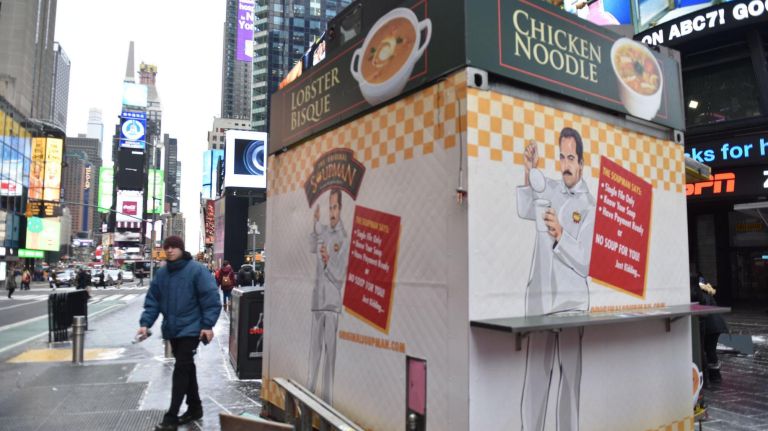 The kiosk is decorated with the likeness of Larry Thomas, who portrayed the Soup Nazi on "Seinfeld."