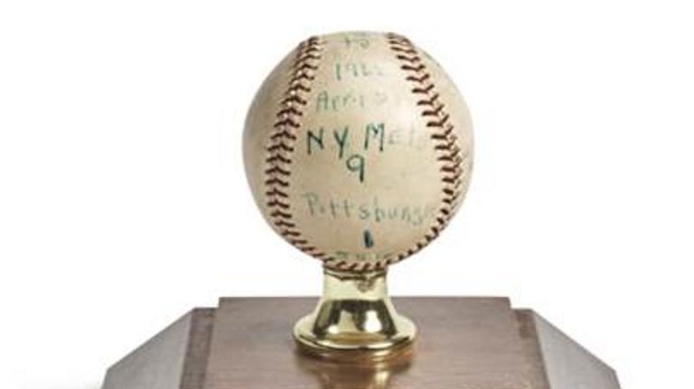 This baseball from the New York Mets' first-ever win will go up for auction at Sotheby's on Thursday.