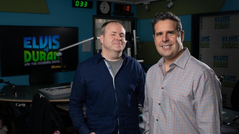 David Brody and Skeery Jones pose in the Z100 morning show studio where they create their comedy podcast.&nbsp;