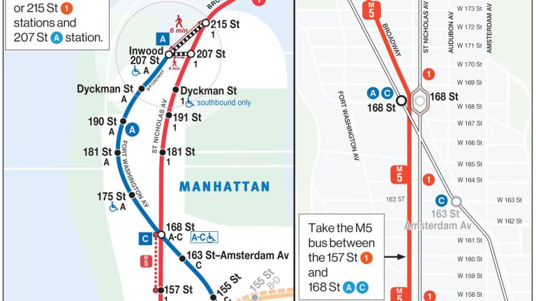 The MTA released a map of service alternatives while the 168th Street 1 train station is closed in Washington Heights.