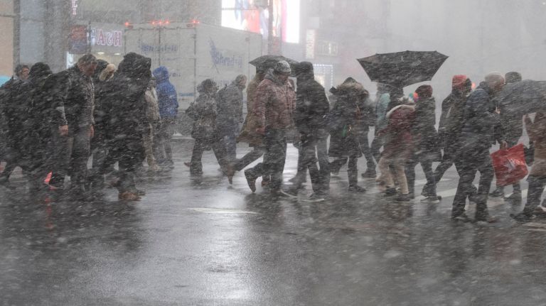 The snow squall blew through Manhattan around 3:30 p.m. Wednesday.