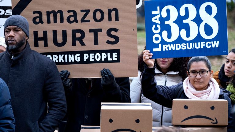 Leaders of the Retail, Wholesale and Department Store Union gathered with progressive groups and elected officials in City Hall Park after officials announced Amazon would open a substantial campus in Long Island City.