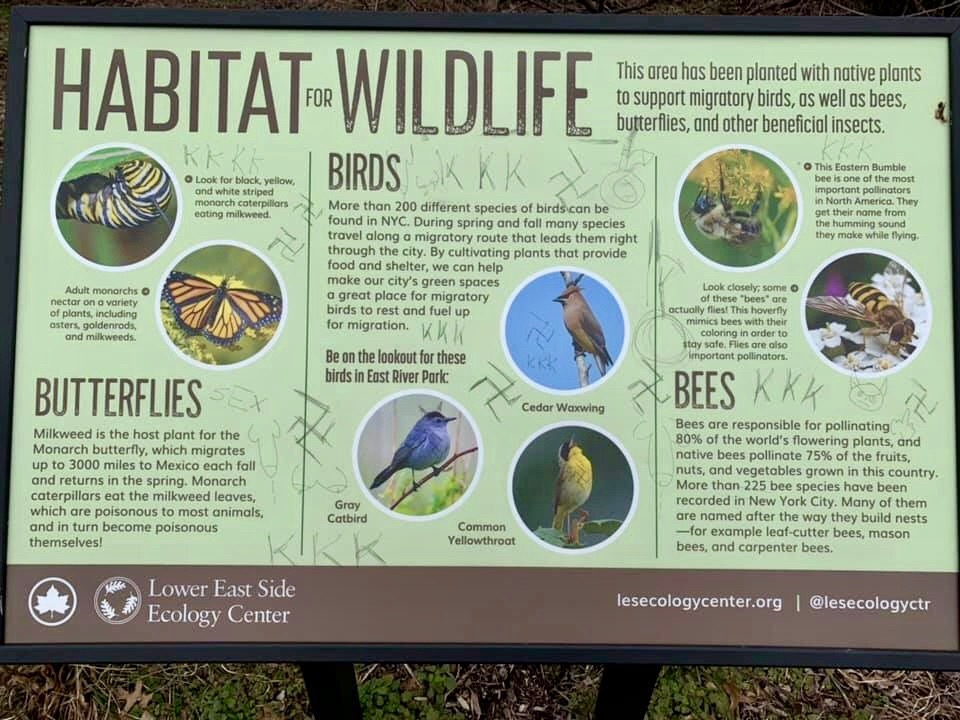 Animal defaces E. River Park wildlife sign 1