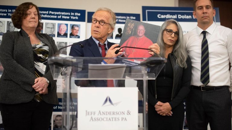 Sex abuse victims demand Archdiocese of New York release names of all accused clerics 3 Sexual abuse survivor Jeanne Marron, from left, attorney Jeff Anderson, sexual abuse survivor Monica Perez Jimenez, and attorney Mike Reck demand accountability from Cardinal Timothy Dolan and the Archdiocese of New York.
