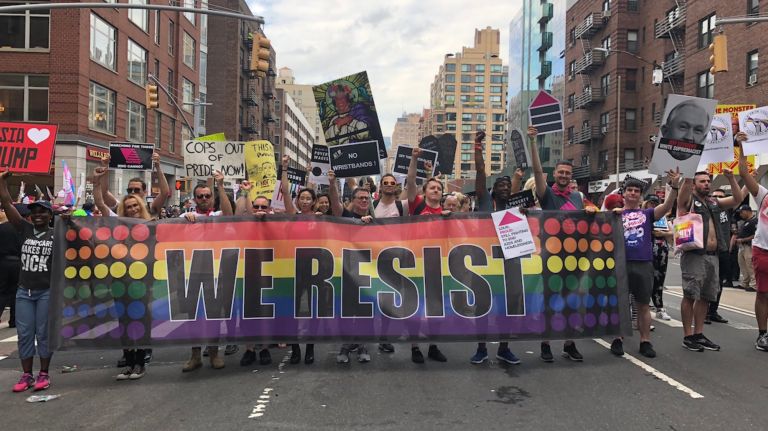 The Reclaim Pride Coalition resistance contingent at the Pride March in Manhattan on June 24, 2018.