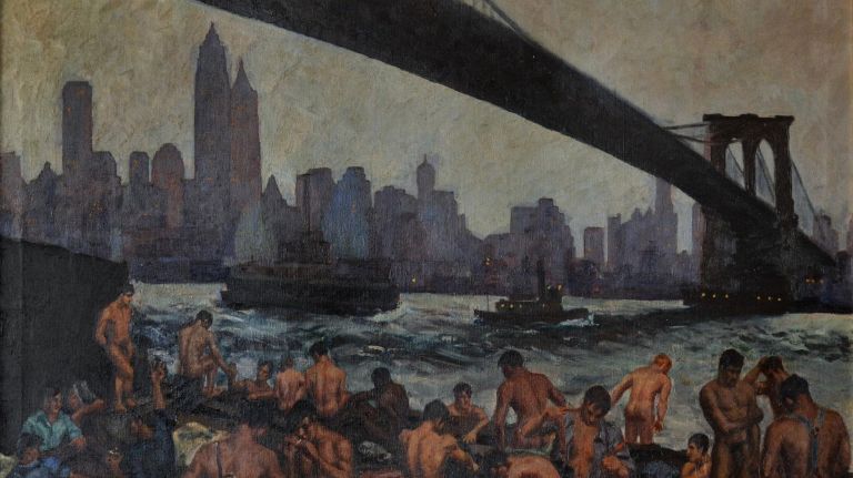 "On the (Queer) Waterfront" explores the stories of workers, residents and entertainers in Brooklyn across 150 years. Pictured is Edward Casey's "Stevedores Bathing Under Brooklyn Bridge," from 1939.