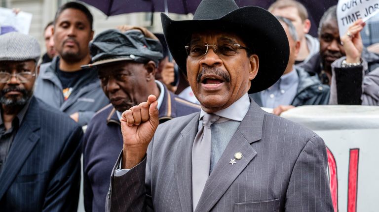 Councilman Ruben Diaz Sr speaks during a rally on the City Hall steps, demanding legislation to protect drivers, by members of the New York Taxi Workers Alliance, Wednesday, April 25, 2018.