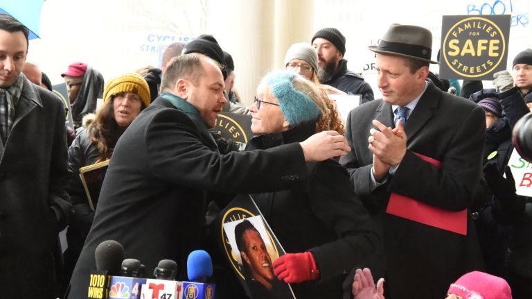 City Council Speaker Corey Johnson, left, joined Councilman Brad Lander, right, at City Hall on Tuesday in support of the proposed Reckless Driver Accountability Act, which Lander sponsors.