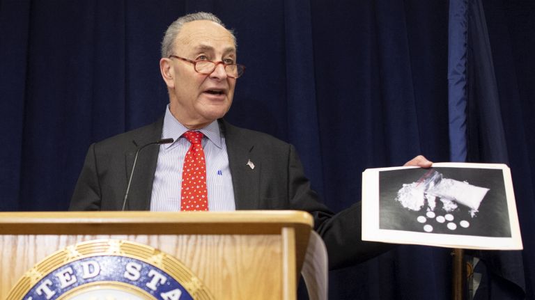 Sen.&nbsp;Charles Schumer unveils fentanyl sanction&nbsp;legislation during a press conference at his Manhattan office on Sunday.
