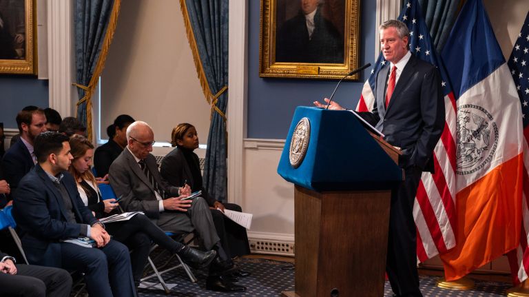 New York City Mayor Bill de Blasio presents the Fiscal Year 2020 preliminary budget at City Hall on Thursday.