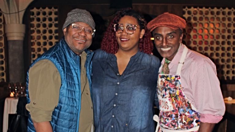 Chef Marcus Samuelsson, right, and artist Kendra Dandy, center, hosted sommelier and winemaker André Mack Wednesday at the first installment of the Green & Fanny Dinner Series at Ginny's Supper Club in Harlem. 
