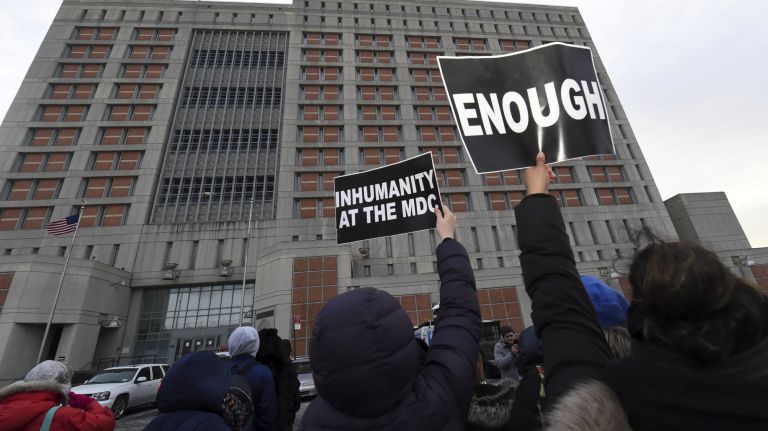 Protesters gathered&nbsp;Saturday at the federal detention center&nbsp;in the Sunset Park neighborhood of Brooklyn.