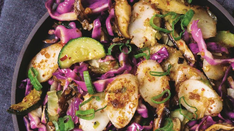 Stir-fried rice cakes with zucchini, mushrooms and XO sauce, from the new cookbook "Red Hot Kitchen" by Diana Kuan.