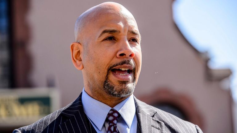 Bronx Borough President Ruben Diaz Jr. speaks to reporters outside the Joseph A. Lucchese Funeral Home&nbsp;in the Bronx on March 23, 2017.